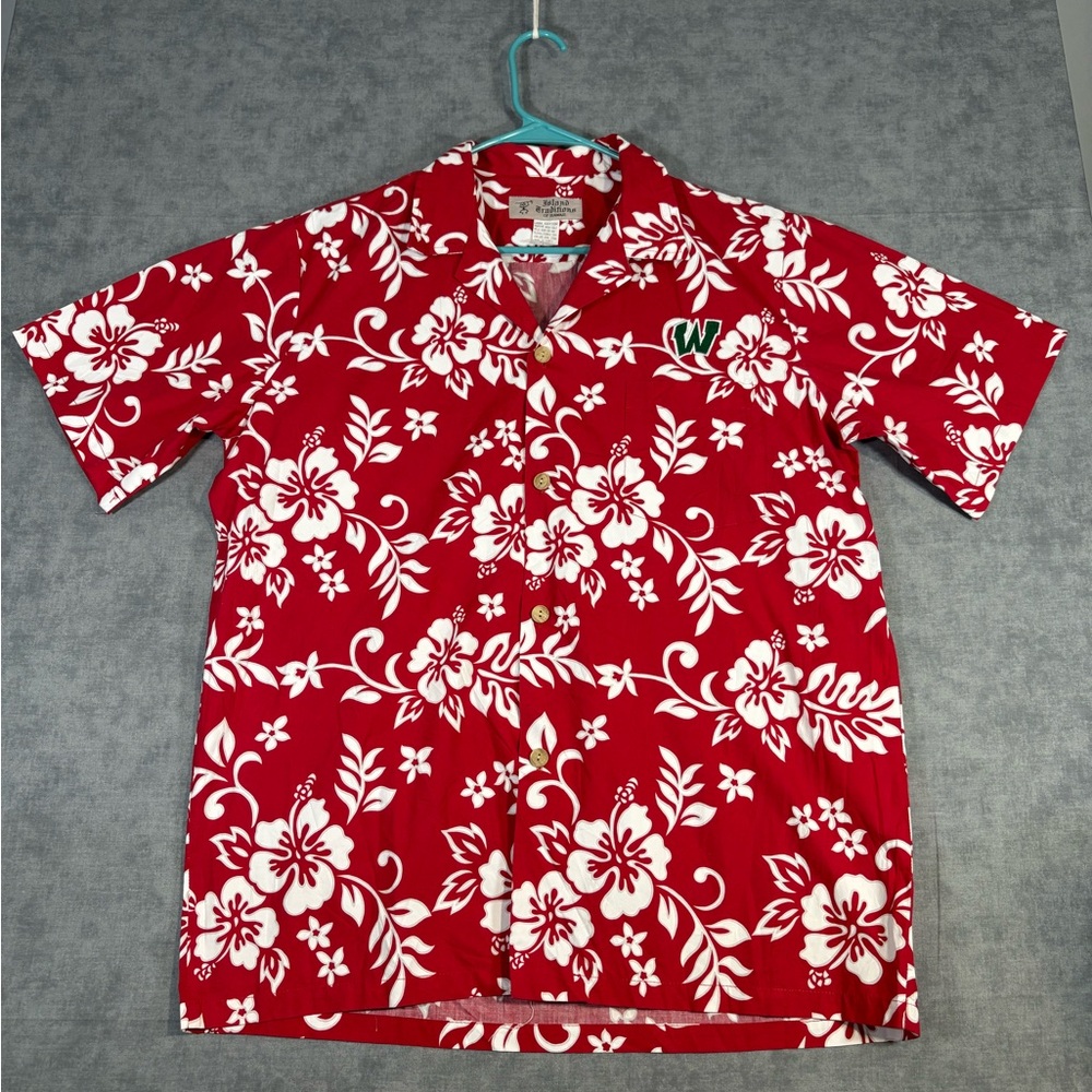 Island Traditions Hawaii Aloha Shirt L Red Floral Cotton Made Hawaii USA